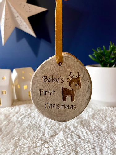 Baby's first Christmas wood ornament with deer