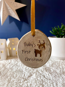 Baby's first Christmas wood ornament with deer