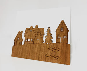 Happy holidays with winter scene wooden greeting card