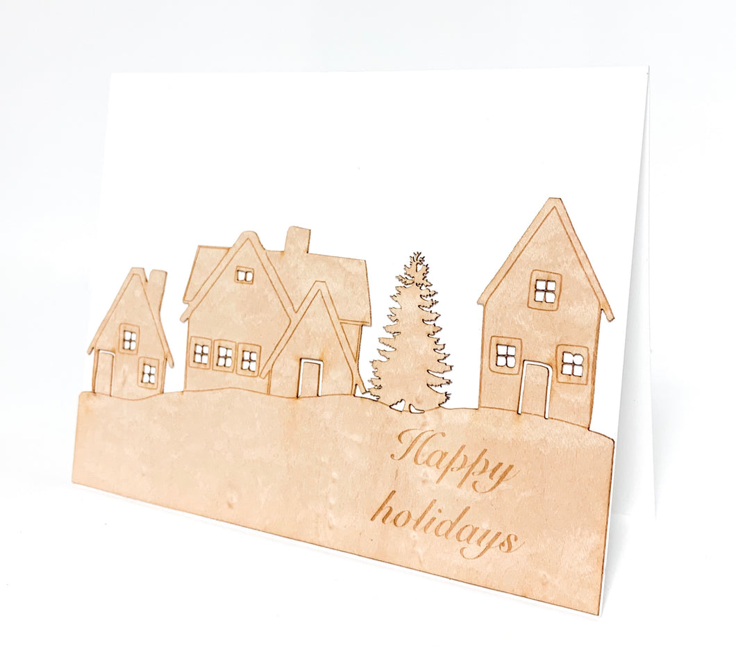 Happy holidays with winter scene wooden greeting card