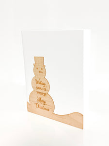 Merry Christmas snowman wooden greeting card