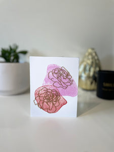 Peonies greeting card with wooden design