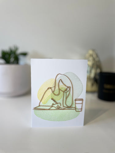 Woman with coffee greeting card with wooden design
