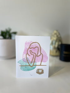 Woman with mug greeting card with wooden design