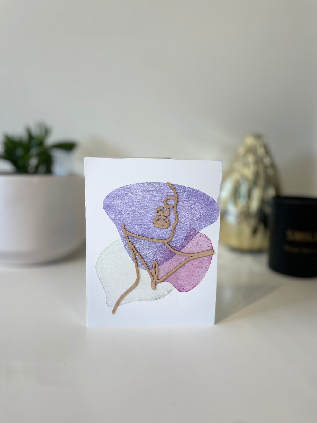 Woman outline greeting card with wooden design