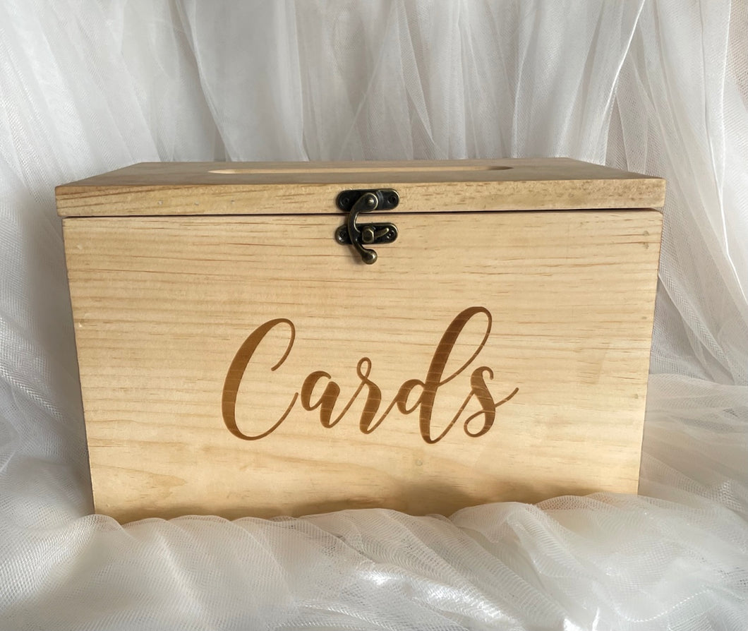 Wooden card box with metal latch and hinges