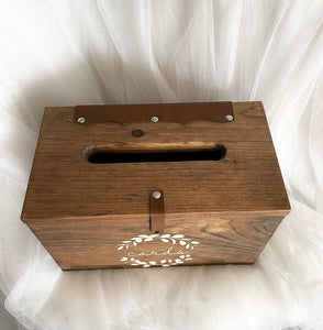 Wooden card box with leather latch and hinges