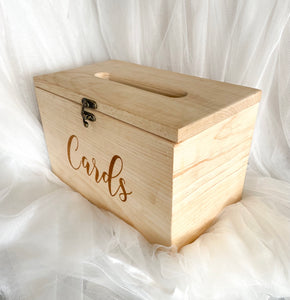 Wooden card box with metal latch and hinges